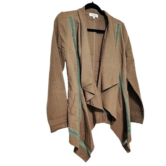 Umgee USA Brown Draped Open Front Cardigan Jacket with Green Crochet Trim Sz M - Picture 2 of 8